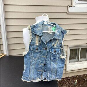 Blokecore gorpcore nostalgia earthy artisanal Destroyed Denim Jacket Vest xs
